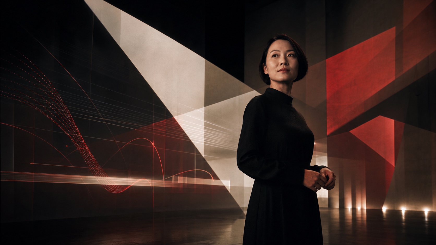 Scientific communicator inside a finished geometric visual world